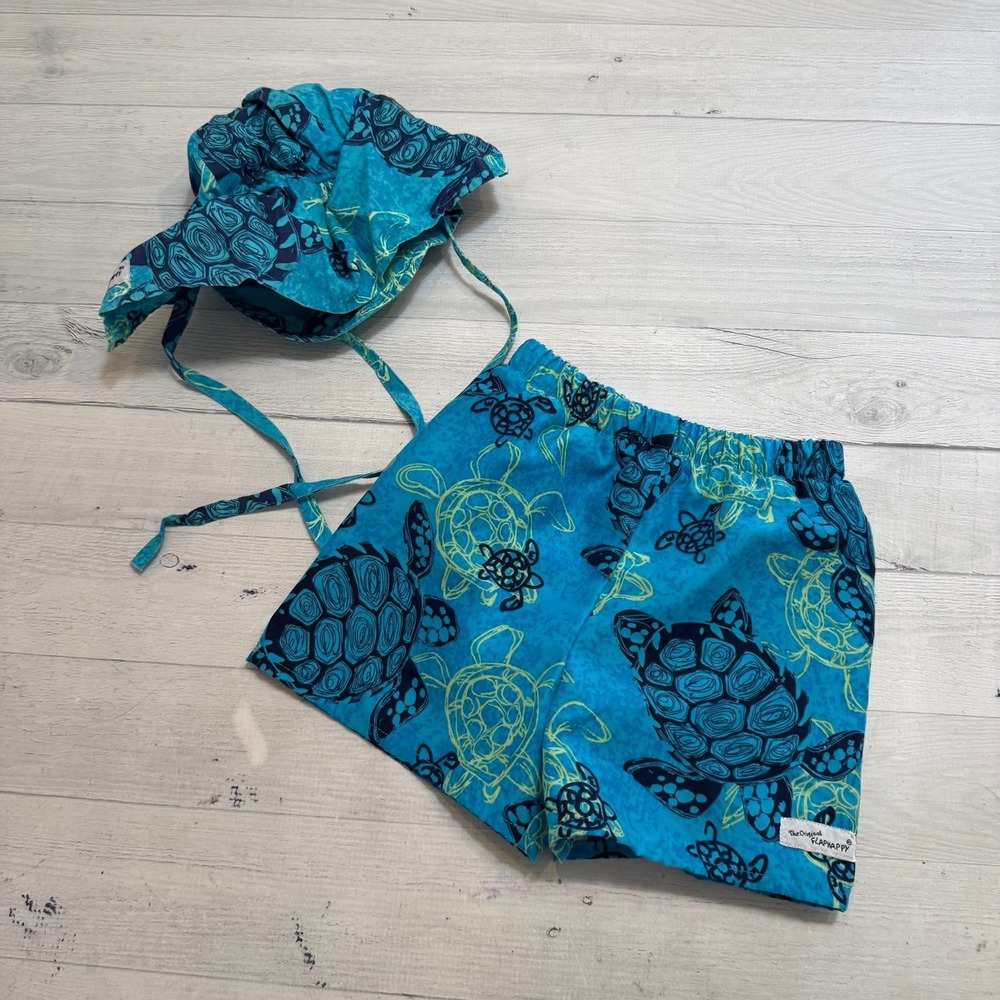 Vintage Flap Happy boys blue turtle swim shorts with matching hat